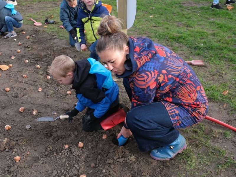 Leerlingen en wethouder planten tulpenbollen bij dorpsingang